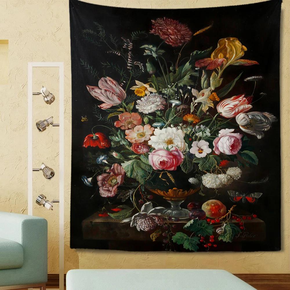 Vintage Style Flowers Tapestry Oil Painting Tapestry Wall Hanging Home Living Room Bedroom Dorm Art Decoration Tapestries