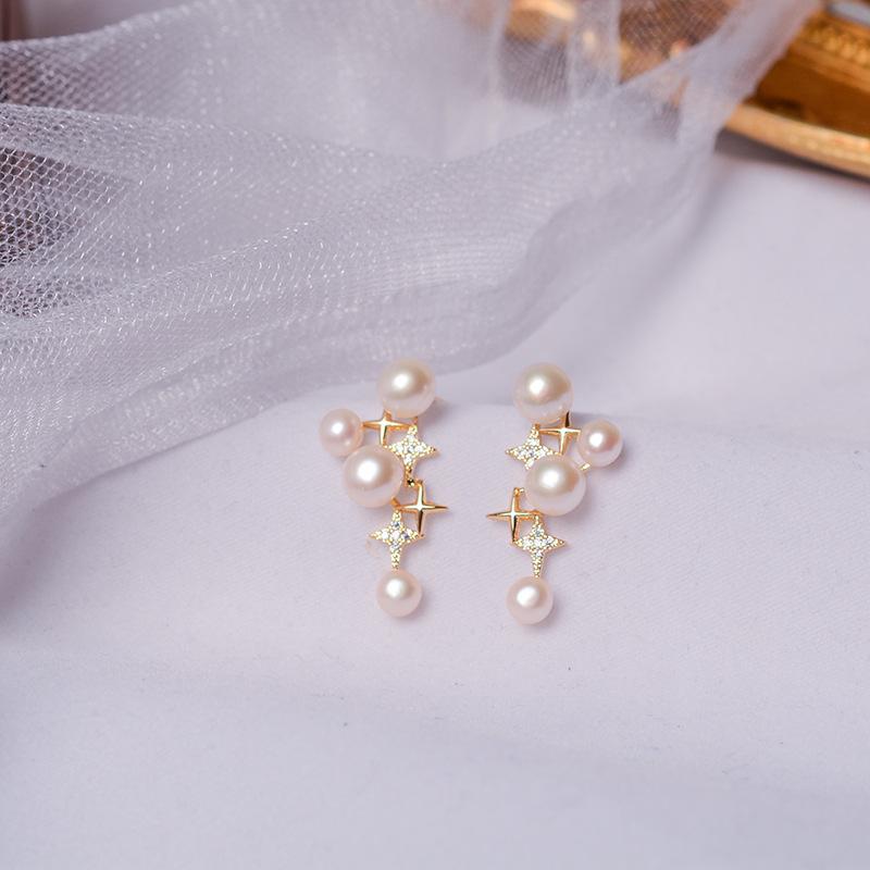 

French Retro Star Stud Earrings Ins Niche Premium Sense 925 Silver Needle Small Fragrance Natural Freshwater Pearl Earrings Women 2026 білий