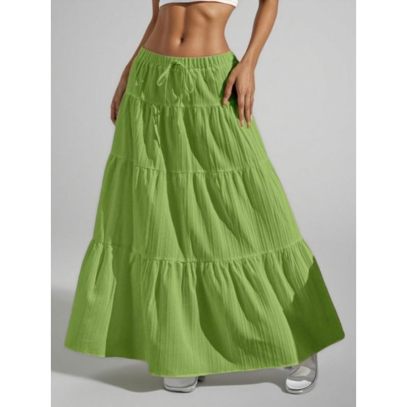 2025 Summer Fashion Lace-up Big Swing Skirt Loose Elegant Casual Simple A-line Ruffled Party Long Skirts Sweet Simple Party Office Clothing