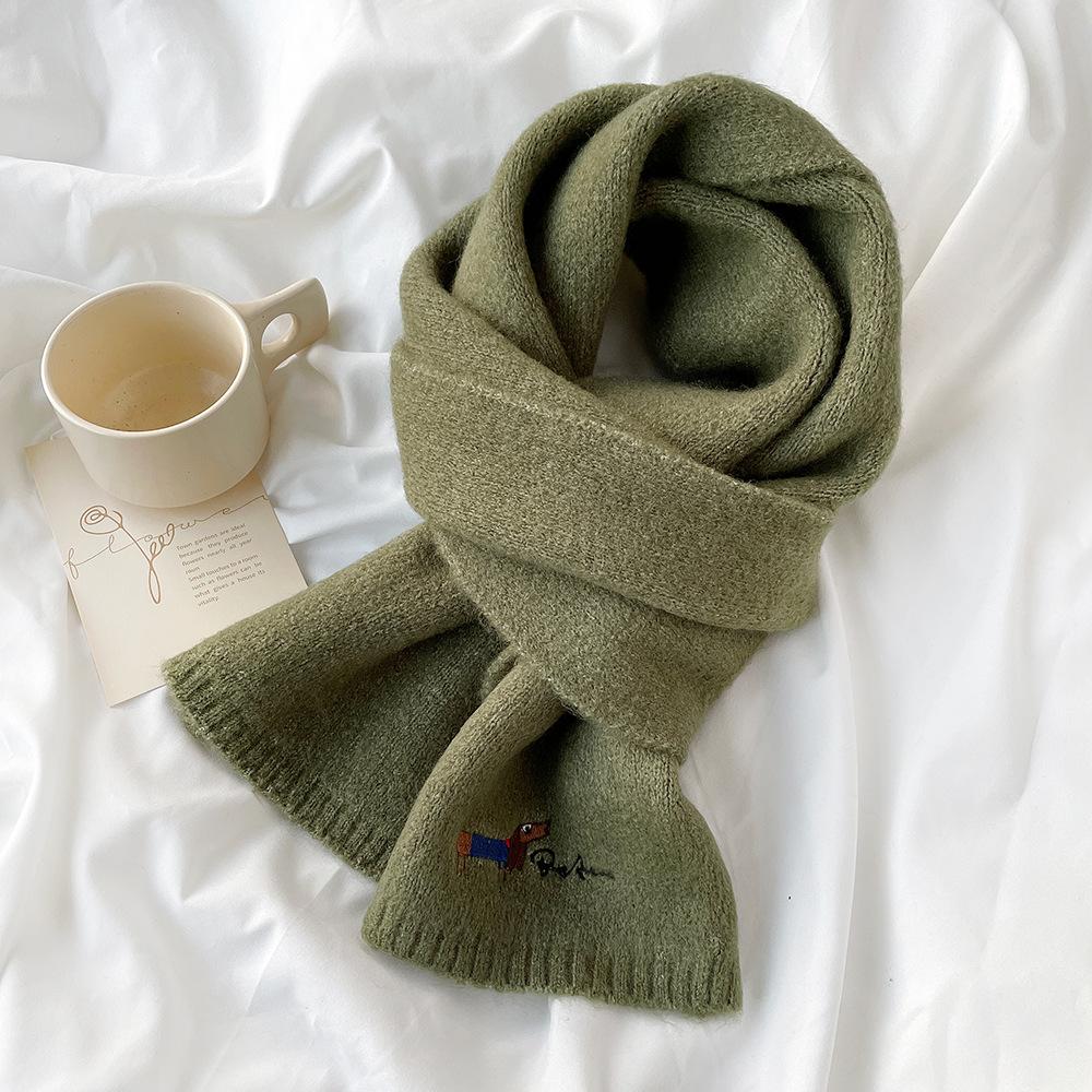Winter knitted wool small scarf women's new high-end dog embroidery simple matching scarf