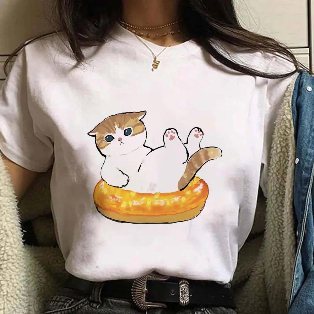 

Женская футболка с короткими рукавами и принтом милого кота, модная уличная одежда Y2k, спортивная одежда, пуловер в стиле Харадзюку, футболки, лето-весна 4XL