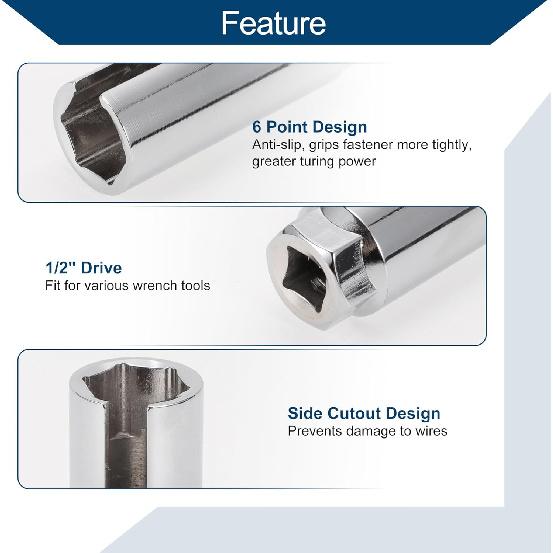 Oxygen Sensor Socket O2 Sensor Removal Tool with Side Wire Cutout Chrome Vanadium Steel 90mm 1 Pcs Silver Tone 6 Point 22mm/0.87" 1/2inch
