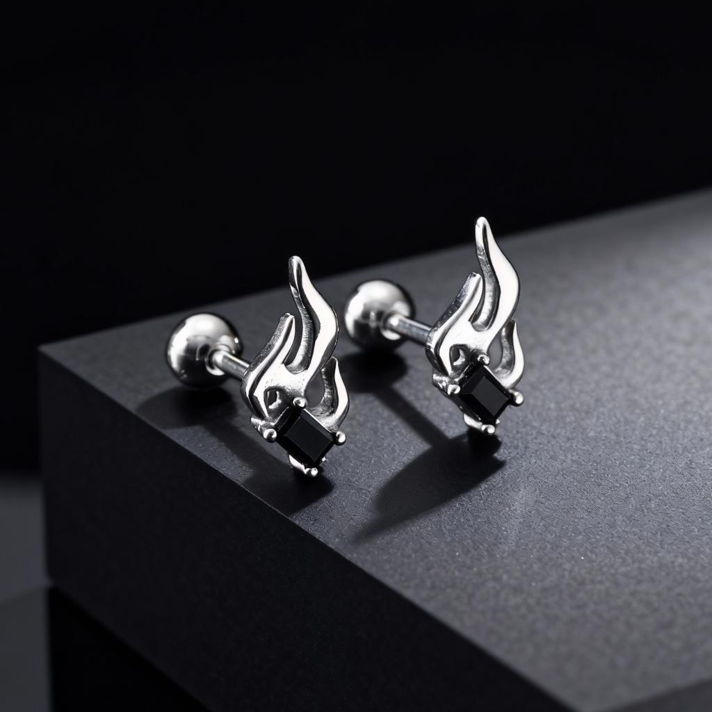 Vintage Flame Stud Earrings for Men, Trendy Black Cubic Zirconia Hypoallergenic Stainless Steel Earrings, Punk Hip Hop Jewelry