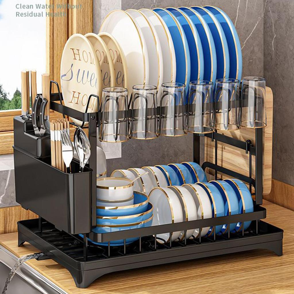 2 Layers Dish Drying Rack Countertop Household Dish Storage Holder Kitchen Organizers And Storage With Drainboard