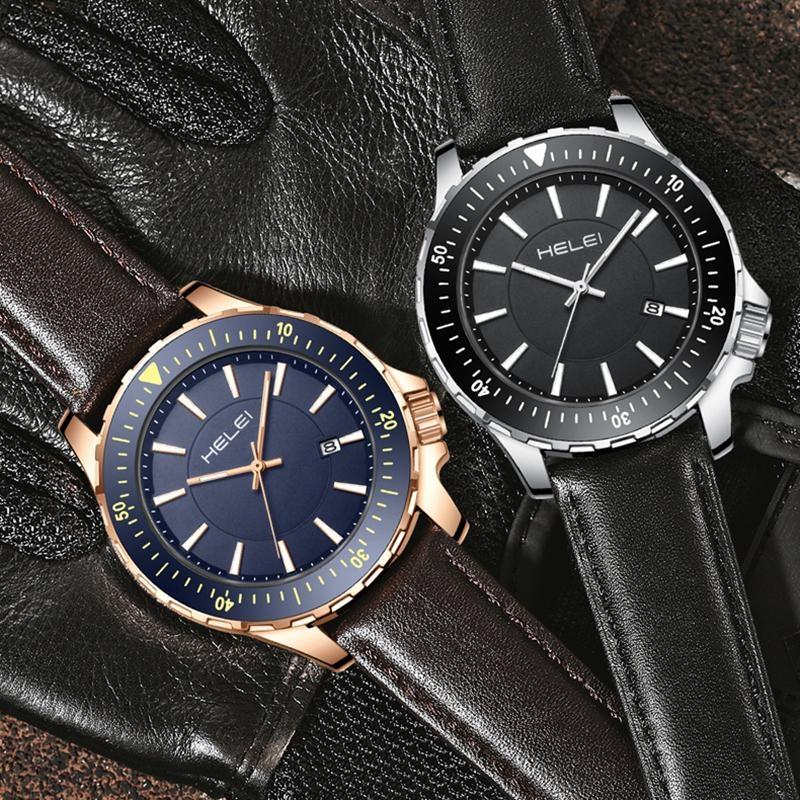 HELEI Mode Sport Quarz Uhr Datum Magnetisches Silikon Leuchtarmband Herren Leder Armbanduhr