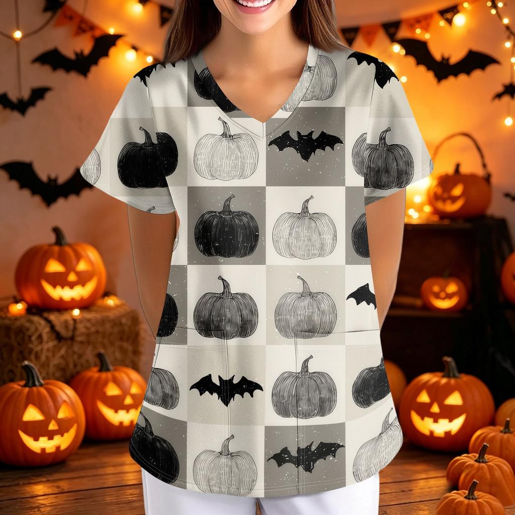 Women Halloween Print Loose Fit V Neck Short Sleeve Scrub Top Nurse Uniform with Pockets Suitable for Healthcare Professionals
