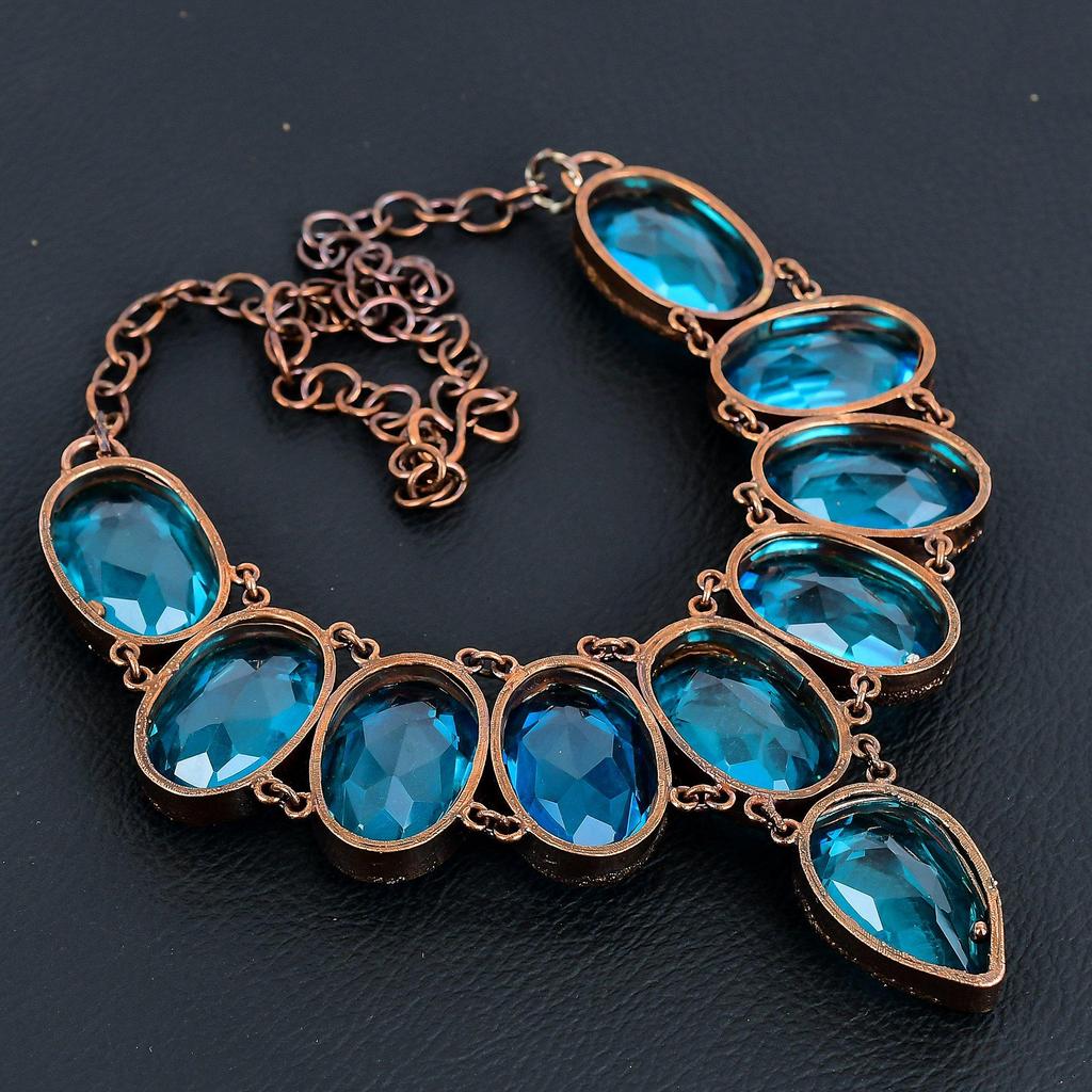 Collier Topaze Bleue Bijoux en Pierre Précieuse, Collier Cuivre Électroformé, Collier Chaîne Réglable Fait Main Cadeau Pour Femme Bijoux