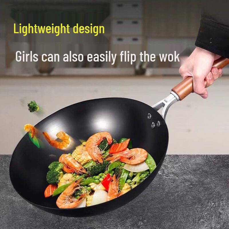 ZISIZ 34cm Nitrided Wrought Iron Round Bottom Wok