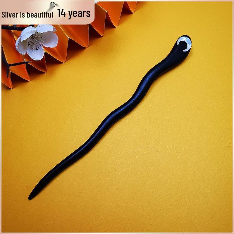 

Жіноча шпилька Срібний Місячний Кіт : Елегантний китайський стиль з двостороннім дизайном з мушлі та дерева 925 Silver