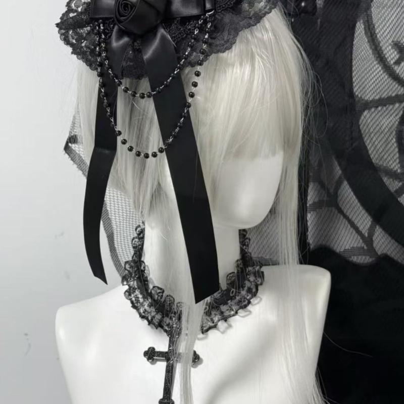 Gothic Lolitas Top Hat Hair Clips Headdress Rose Lace Beaded Headwear Subcultures Hair Accessories Halloween Cosplay