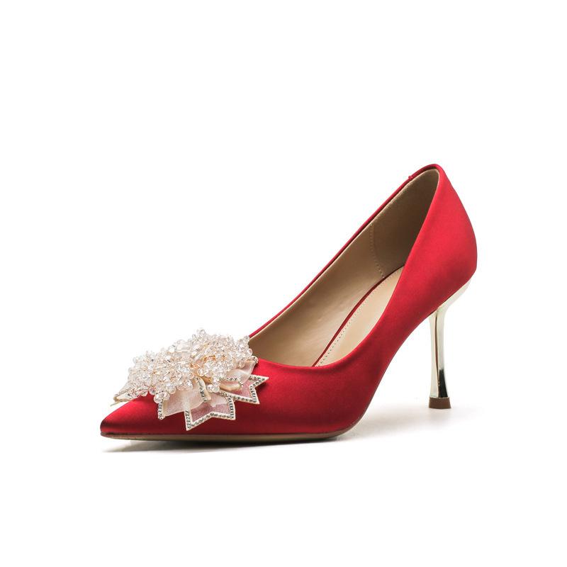 Women's Shoes Wedding High Heels Not Tired Feet Silk Sequined Flower Shoes Stiletto Women's Shoes Versatile Pointed Single Shoes