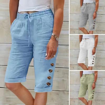 Women Plus Size Shorts Elastic Waistband Adjustable Drawstring Casual Pants with Pockets Solid Color Buttons Decor Knee-length Pants