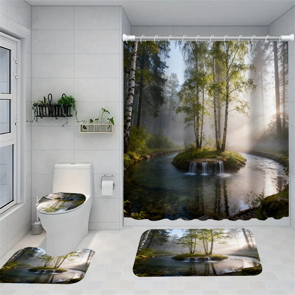 1/4 Forest Waterfalls  Print Shower Curtains, Toilet Seat Decoration, Shower Curtain with Carpet and Toilet Lid, 70.8x70.8 Inch
