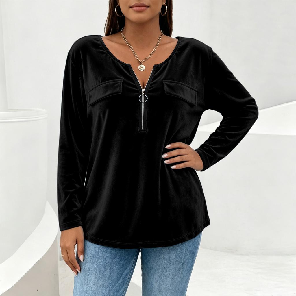 Women's Vintage V-Neck Zipper Front Long Sleeve Pullover Color