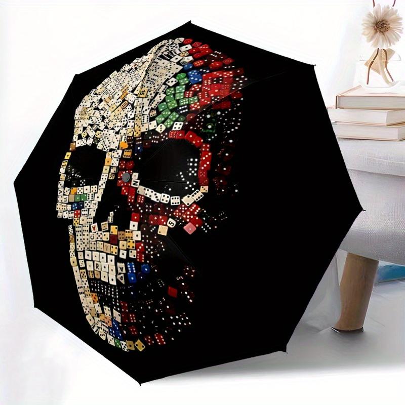 1pc Dice Skull Automatic Folding Umbrella, 8-Rib Sturdy Canopy, Portable Travel Umbrella for Outdoor Use,088