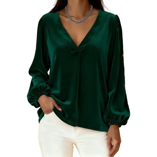 Women Tops V Neck Lantern Long Sleeve Solid Color Casual Tops Loose