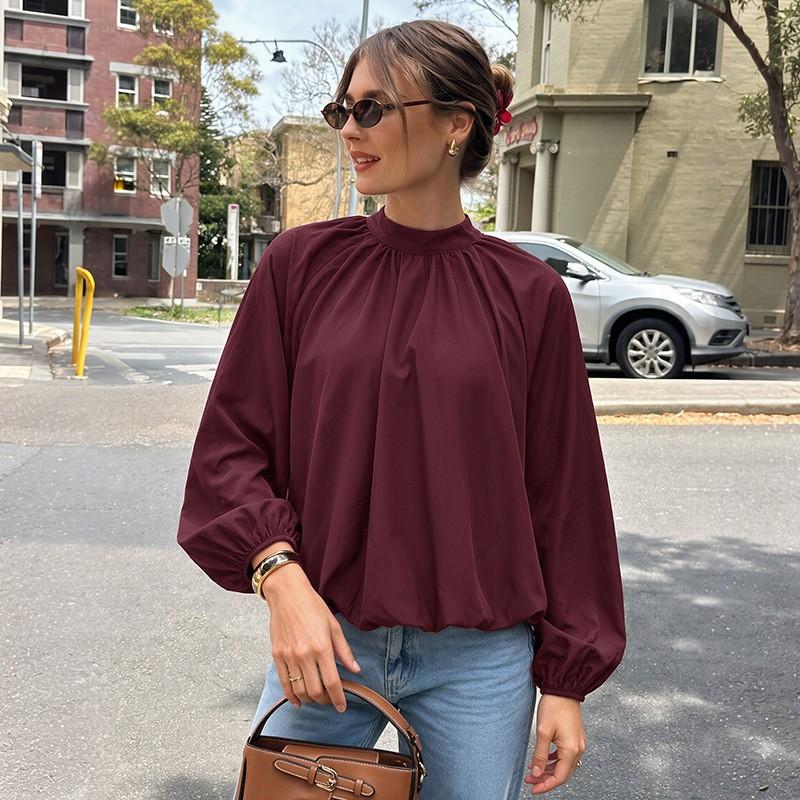 Womens Loose Long Sleeve Blouse With Back Tie Cutout Detail Semi-High Neck Winter 2026