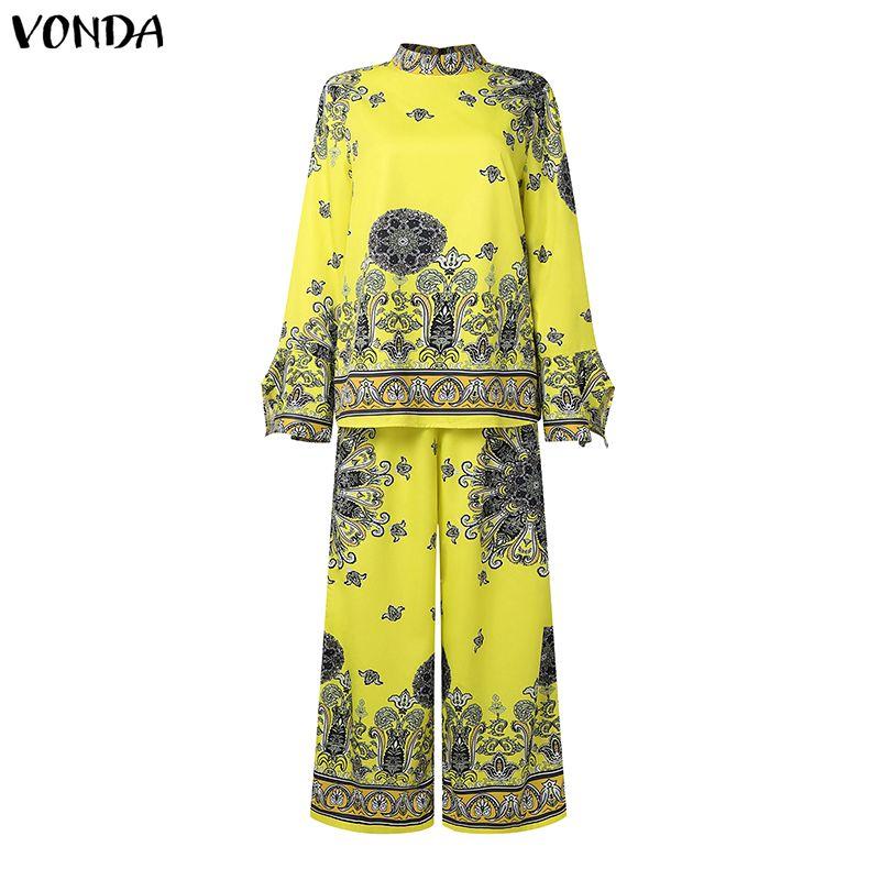 VONDA 2PCS Women Ethnic Long Sleeve Print Blouse and Pants Casual Two Piece Suit Sets