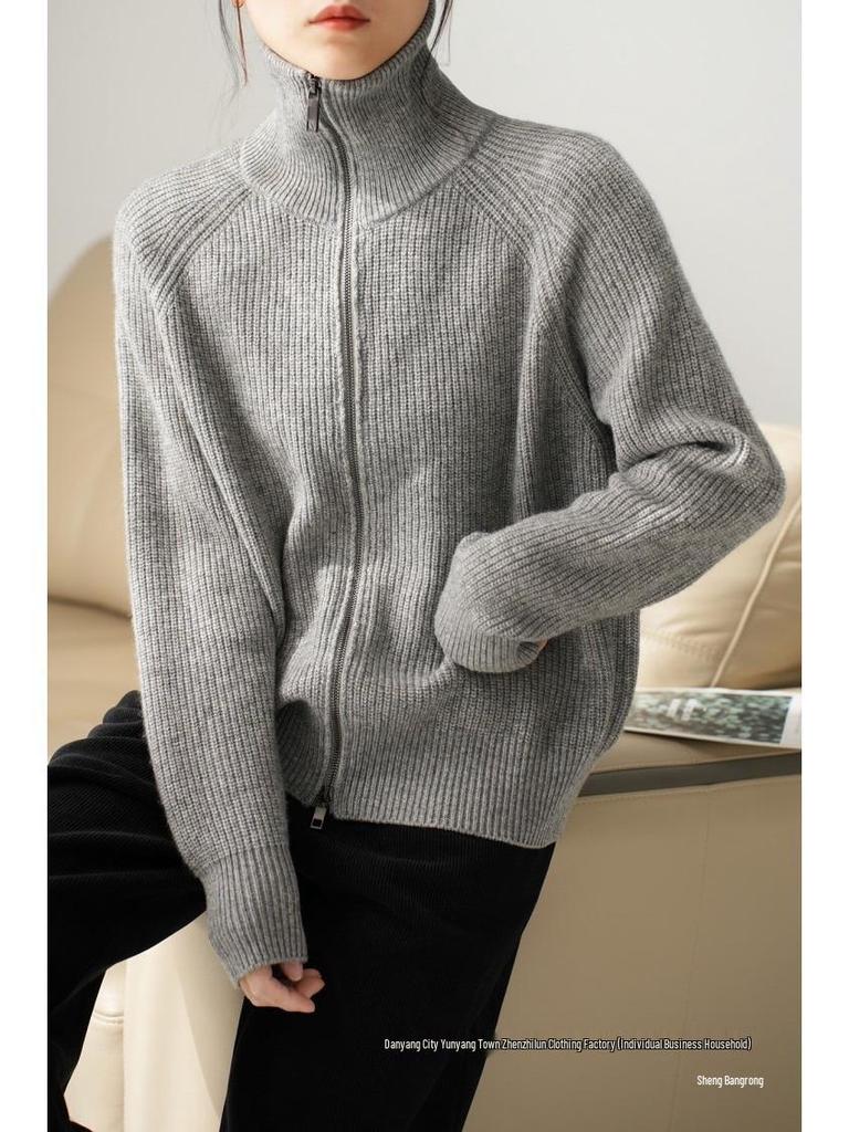 Women's European Style Pure Wool Turn-Down Collar Cashmere Cardigan with Double Zipper Knitwear.