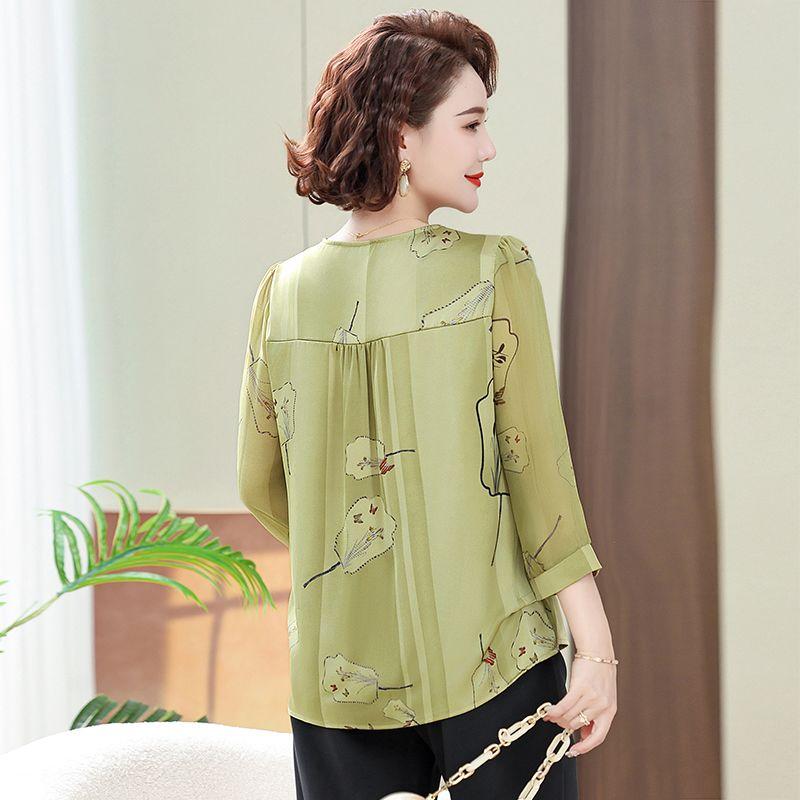 Women's Floral Print Chiffon Blouse V-neck Tie Front 3/4 Sleeve Loose Fit Casual Top for Middle-Aged