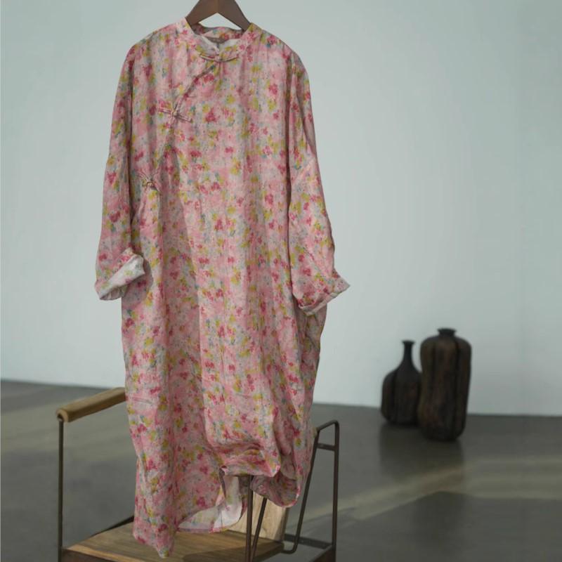 

Johnature Women Vintage Print Floral Dresses Stand Long Sleeve Ramie High Quality Cloths Spring Chinese Style Dress One Size розовый
