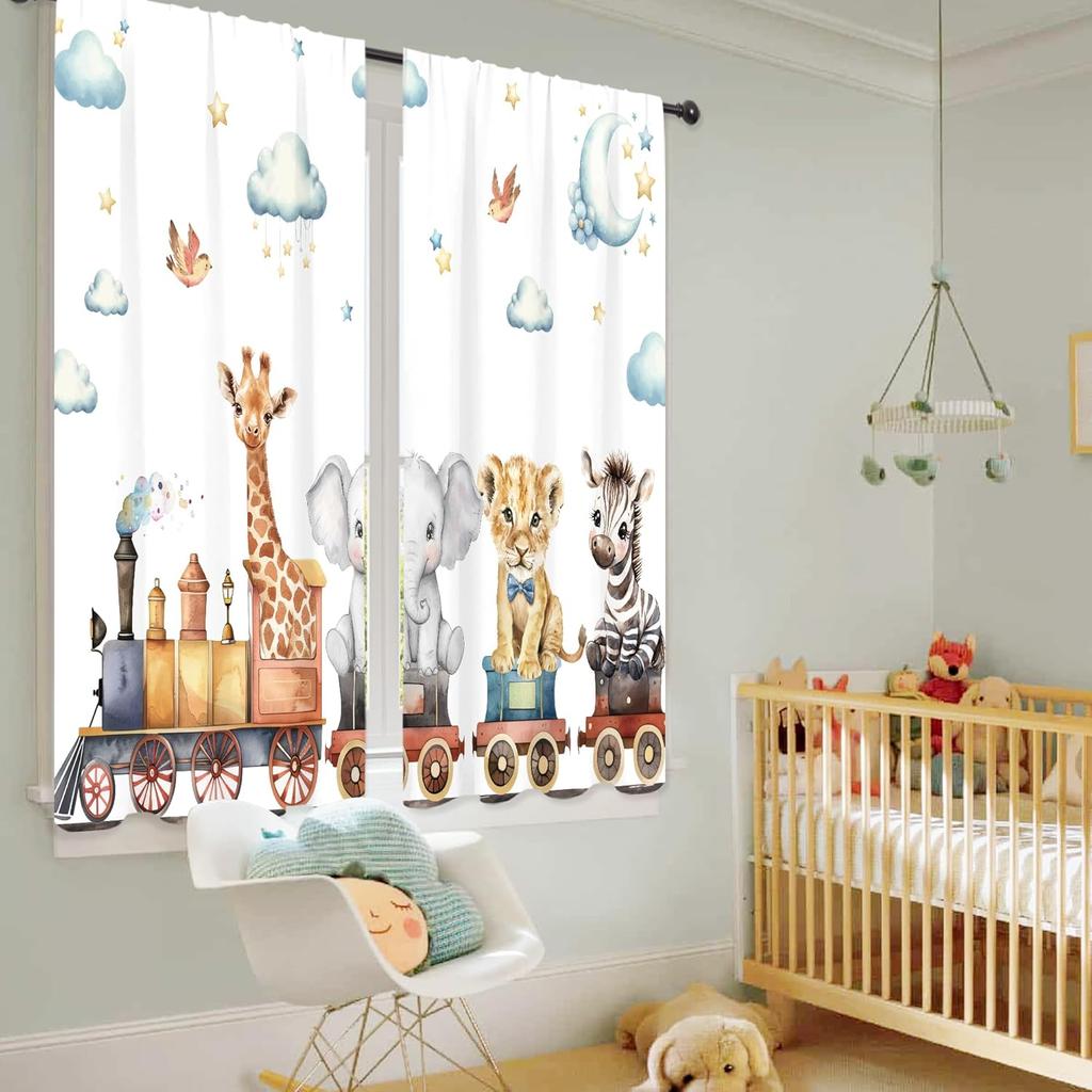 Kids Child Curtains Cute Cartoon Animal Woodland Jungle Adventure Wild Train Wildlife Rod Pocket Lion Elephant Stars Bedroom