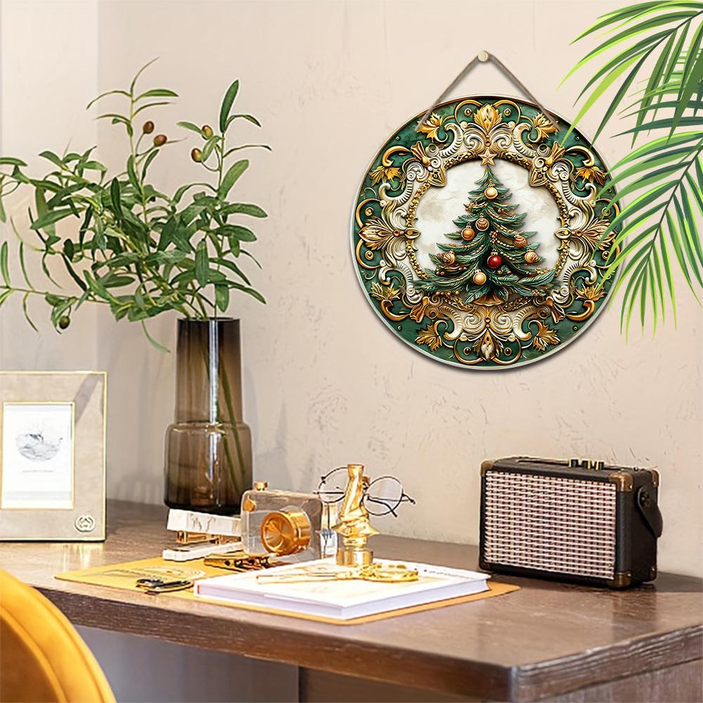 Wooden Christmas Sign with Christmas Tree Pattern - Navidad Round Sign for Front Door Wall Hanging Decor - Ideal Christmas Decoration