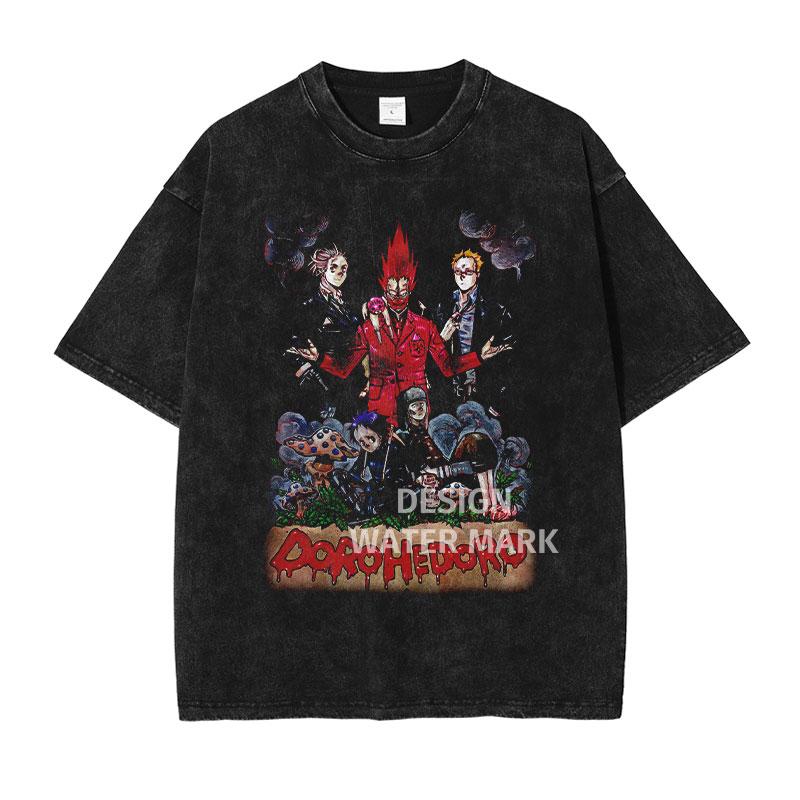 Anime Dorohedoro T Shirt Vintage Washed Caiman En Nikaidou T-shirts Oversized Streetwear Retro Fujita Tops Tees Men 100% Cotton