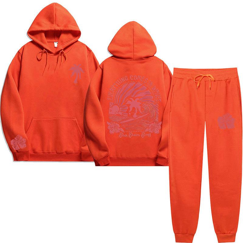 Chasing Sunsets Threaded Peripheral Printing Men's and Women's Sweatshirts Sweatpants Set Hoodie Straight Pants Set