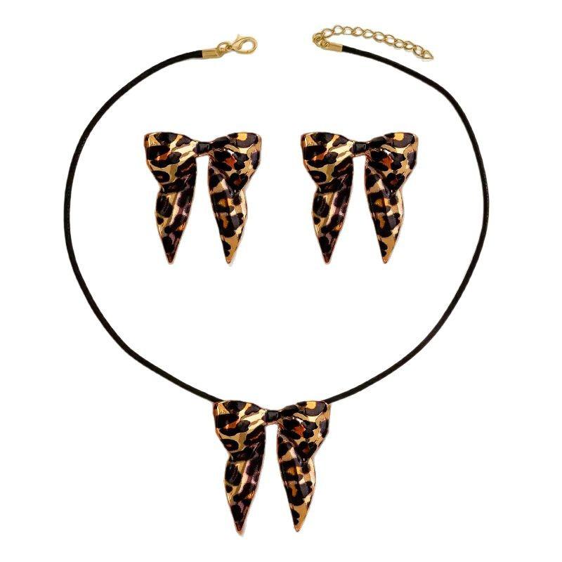 Leopard Print Bow Pendant Necklace Earring Set Retro Charm Exquisite Sweater Chain Best-selling In Autumn and Winter