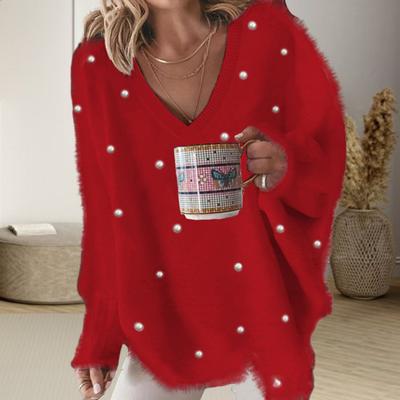Women Fall Winter Sweater Thickened Plush Long Sleeve Bead Decor Loose V Neck