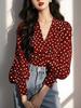 Retro Hong Kong style red polka dot long-sleeved shirt women's spring new fashion temperament age-reducing V-neck shirt women A