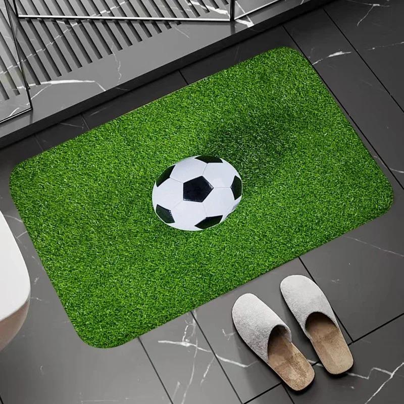 Soccer Field Pattern Door Mat Football Stadium Design Rug, Non Slip Sports Themed Floor Mat for Home Bathroom and Bedroom Decor