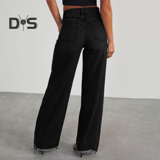Pantalones vaqueros elásticos de cintura alta para mujer, pantalones vaqueros de pierna ancha, casuales, de pierna recta, con dobladillo deshilachado y bolsillos