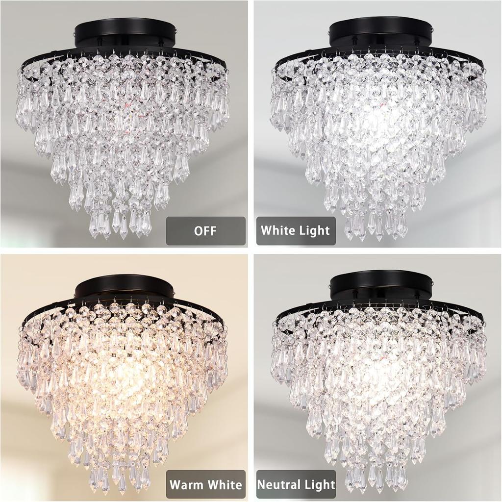 Crystal Lights LED Ceiling Light Modern Round Crystal Light Black Ceiling Light for Bedroom, Living Room, Hallway