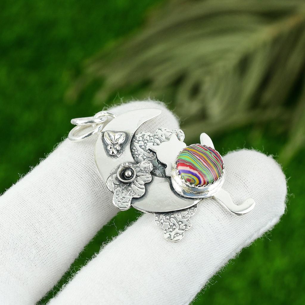 Natural Rainbow Calsilica Sister Artisan Anniversary Pendant Jewelry 925 Silver