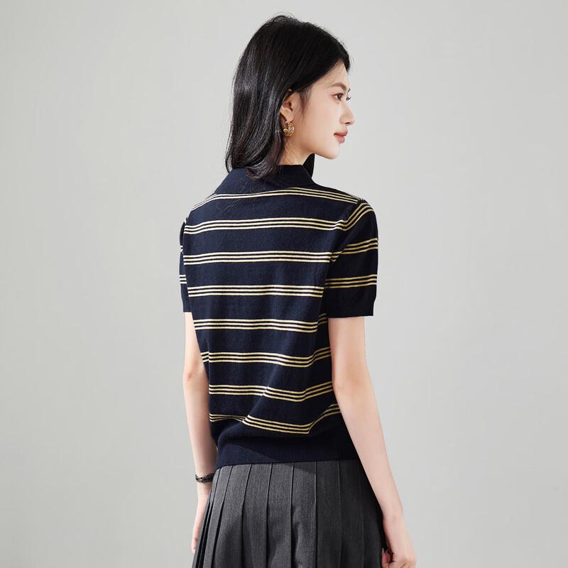 SOFSIL Women's Striped Lapel Short Sleeve Knit Top