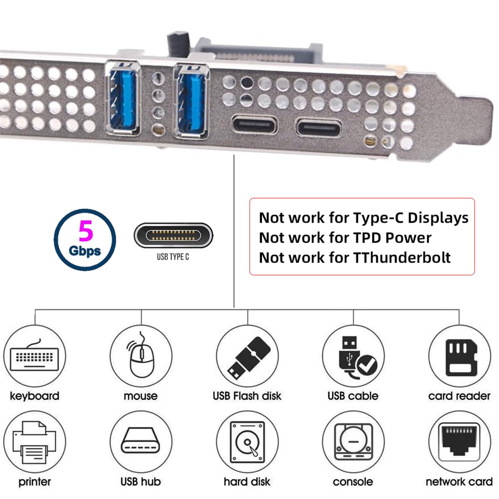 Xiwai USB PCI-E Express Card, 1 X USB 3.1 Gen1 5Gbps Dual Type-A & Type-C USB-C Female To PCI-E Adapter uPD720201 with Low Profile Bracket