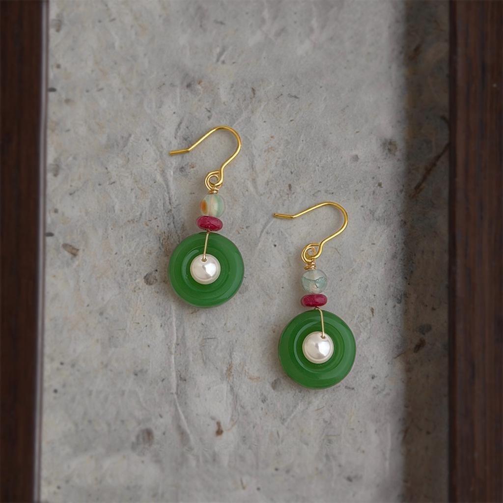 Handmade New Chinese Court Style Geometric Peace Buckle Glass Pearl Agate Drop Earrings зелёный