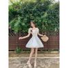 White moonlight summer temperament waist women's small skirt printed bow dress women