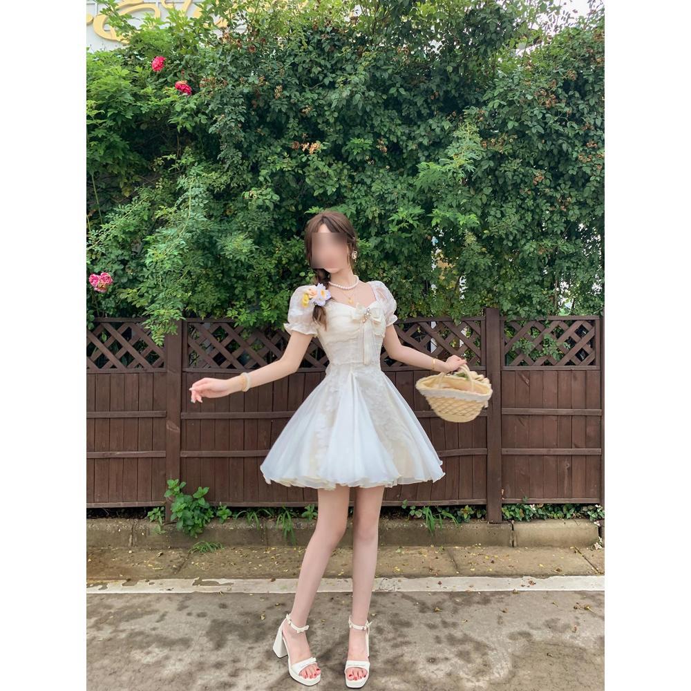 White moonlight summer temperament waist women's small skirt printed bow dress women