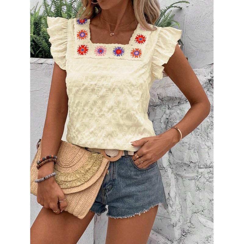 Womens Square Neck Crochet Lace Trim Flutter Sleeve Solid Color Top Casual Blouse Small жёлтый