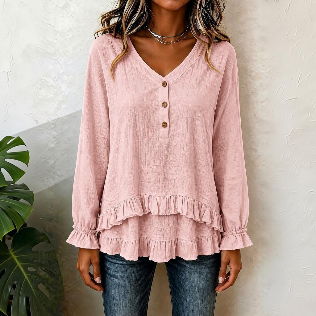 Damen Langarm Rüschen V-Ausschnitt Bluse mit Asymmetrischem