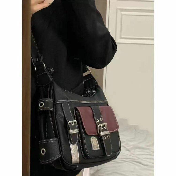 2025 Retro Vintage Y2K Soft Leather Motorcycle Shoulder Crossbody Bag for Women - New Color Block Trend