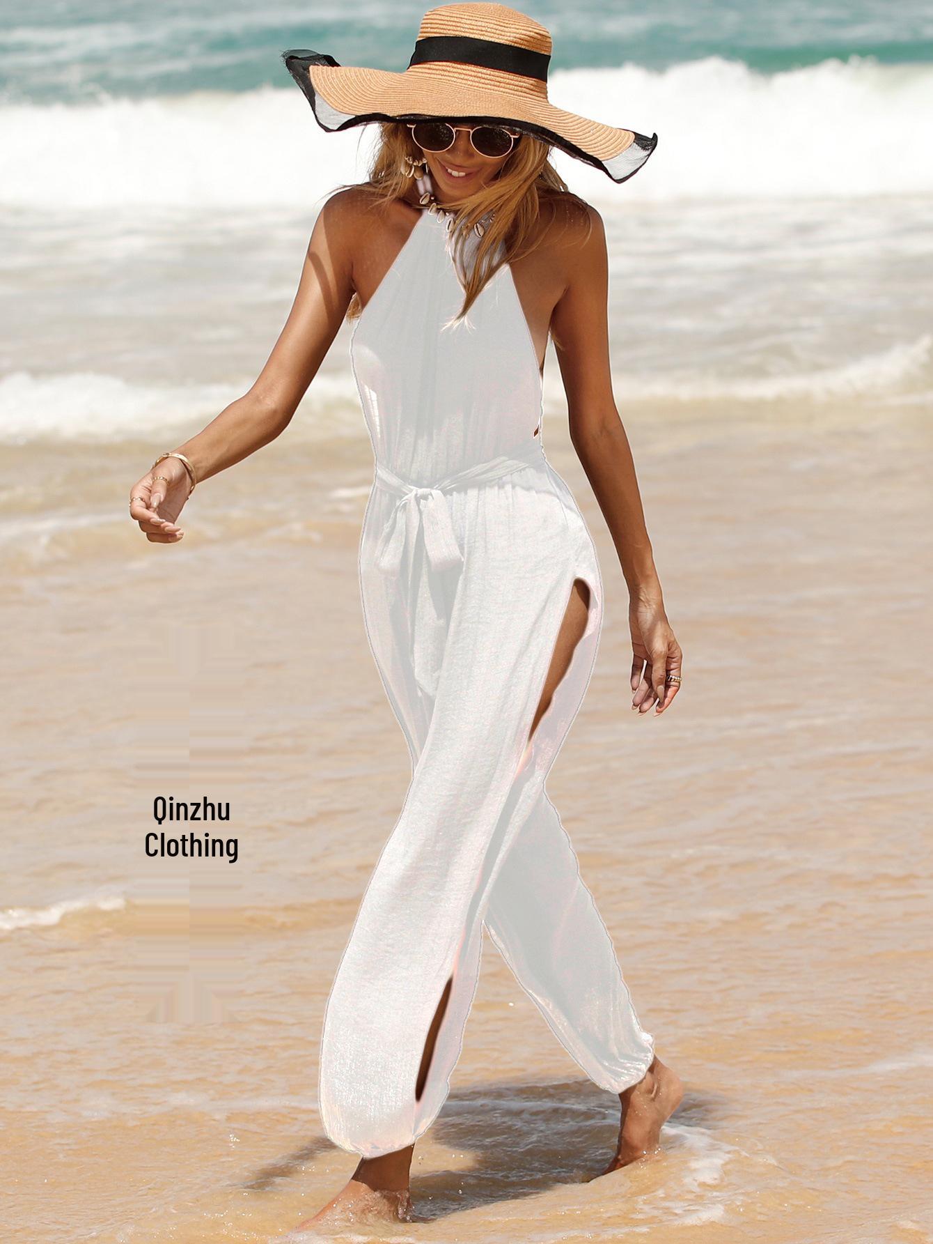 

Европейская и американская женская пляжная накидка без рукавов: Однотонное универсальное боди на завязках с боковым разрезом для похудения и защиты от солнца Extra Large белый