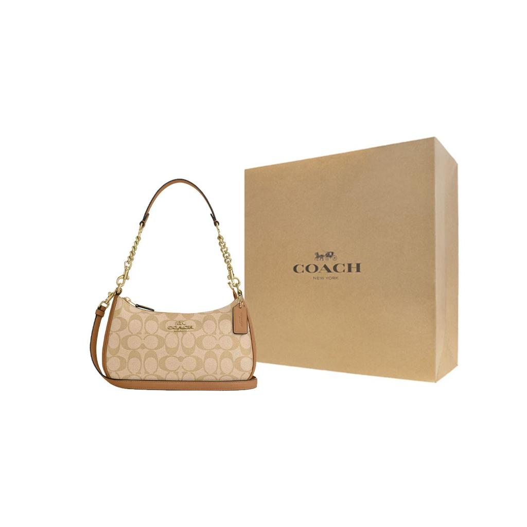 Coach Signature Canvas Leather Trim Convertible Crescent Shoulder Bag for Daily Use