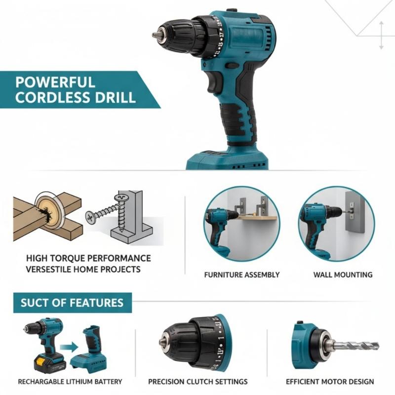 Professional Cordless Drill Electric Drill Adjustable Speed Battery Powered For DIY Projects Metal Wood Drilling