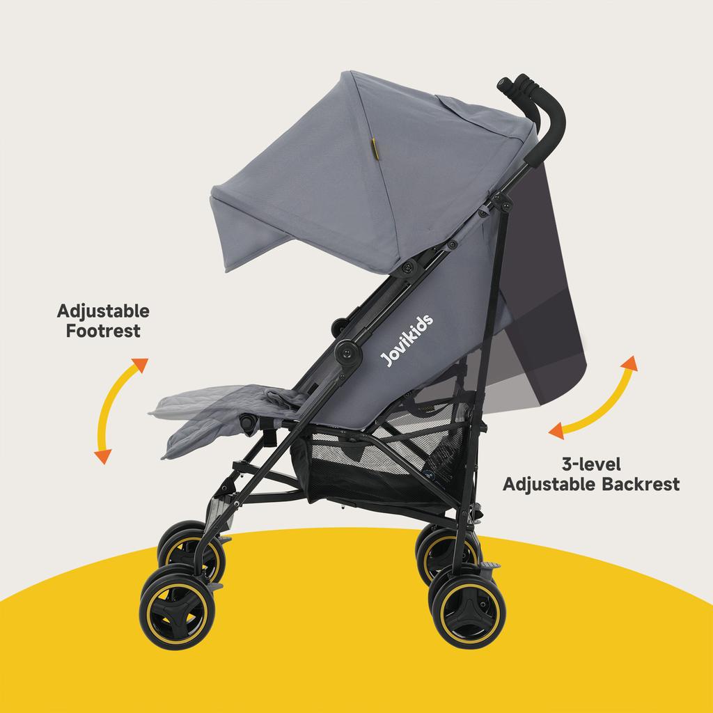 Faltbarer Reisekinderwagen, Verstellbare Rückenlehne, bis 22 kg, Verdeck, Regenschutz, Becherhalter (grau)