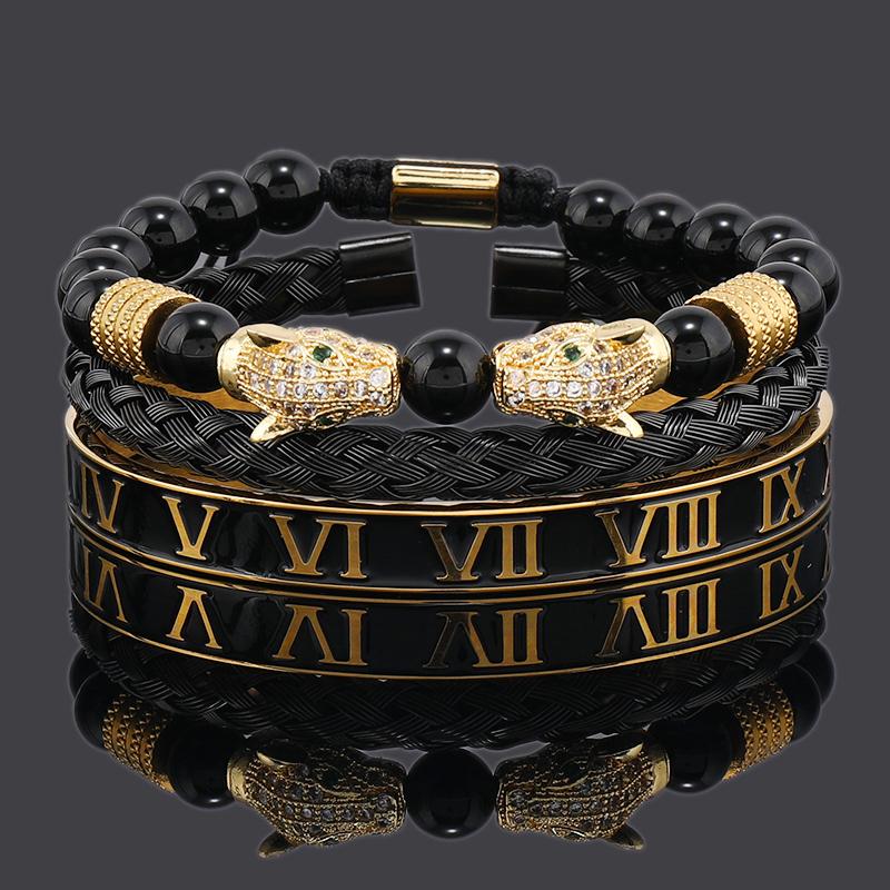 Luxury Black Stone Beads Leopard Head Man Bracelet Enamel Stainless Steel Roman Bangles Women Jewelry 3 pieces make a set