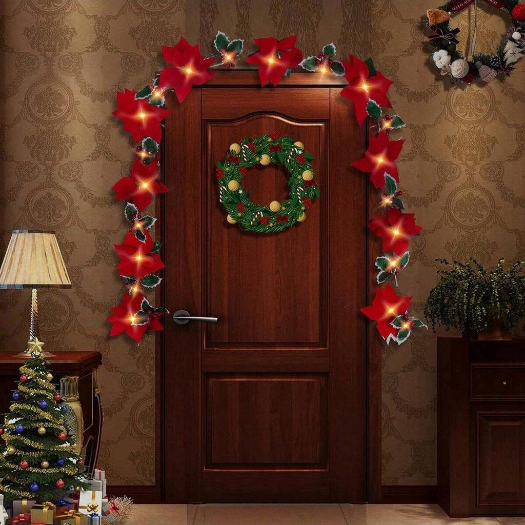 Red Poinsettia Floral String Lights Durable Plastic Holiday Lights Battery Powered Garland For Home Indoor Outdoor Decor